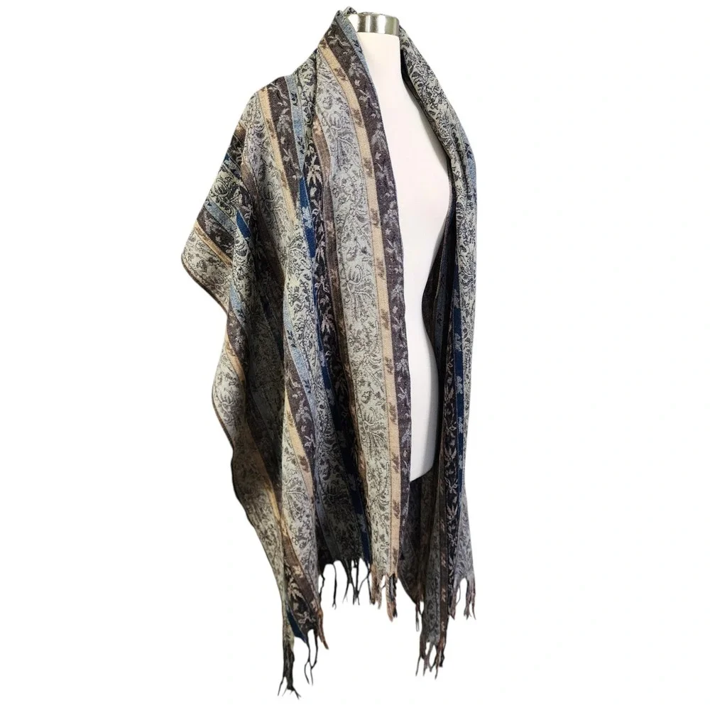 Essential Classics‎ 100% Wool Paisley Stripe Wrap Shawl Scarf Blue Brown India